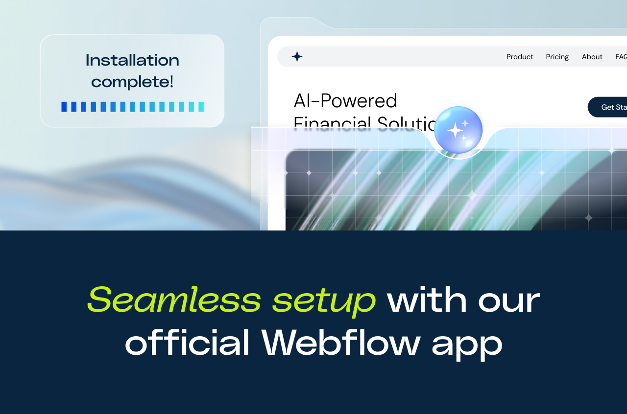 Installation progress bar and website preview; text says “Seamless setup with our official Webflow app.”
