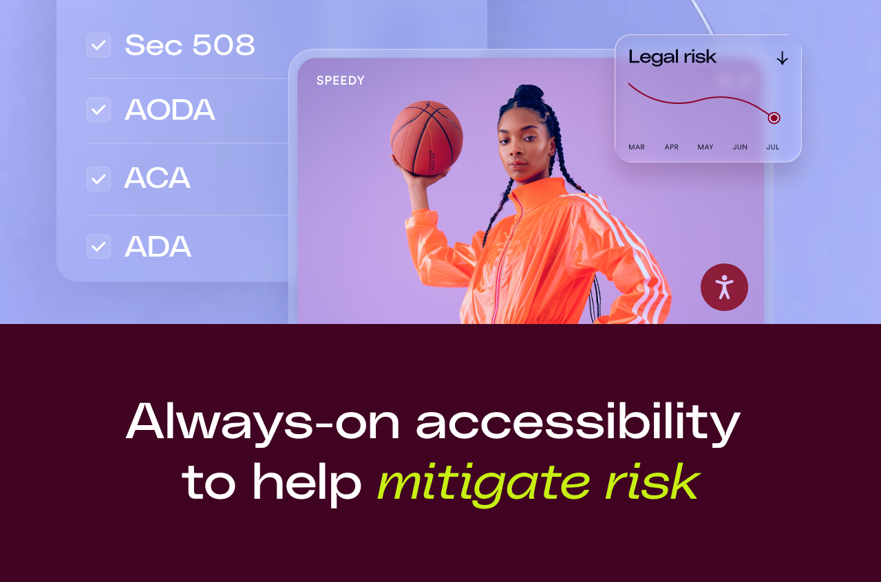 Woman holding a basketball beside checklist of accessibility laws; text reads “Always-on accessibility to help mitigate risk.”