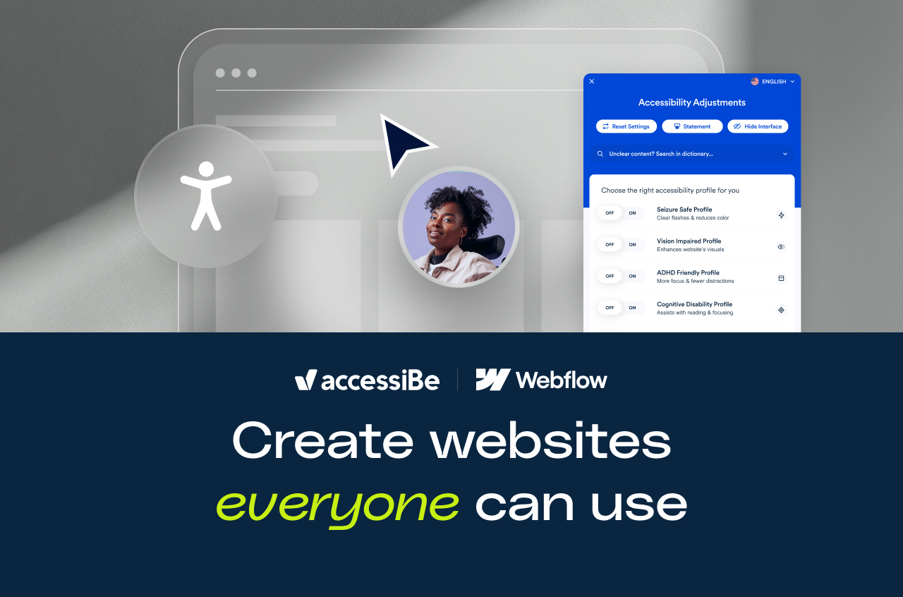 accessiBe and Webflow partnership banner: “Create websites everyone can use” with accessibility settings shown.
