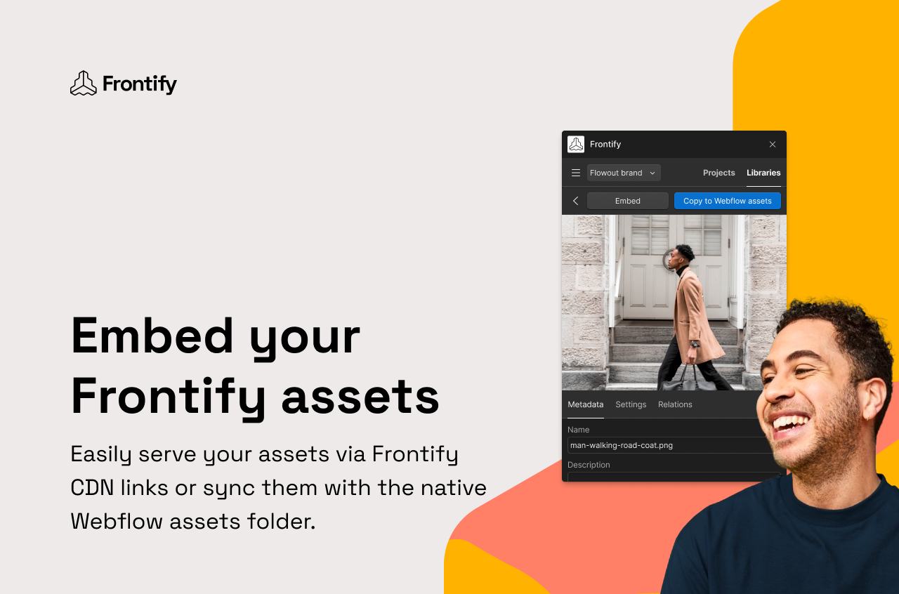 Promotional graphic for Frontify assets embed and sync feature for Webflow, with text overlay and website interface screenshot.